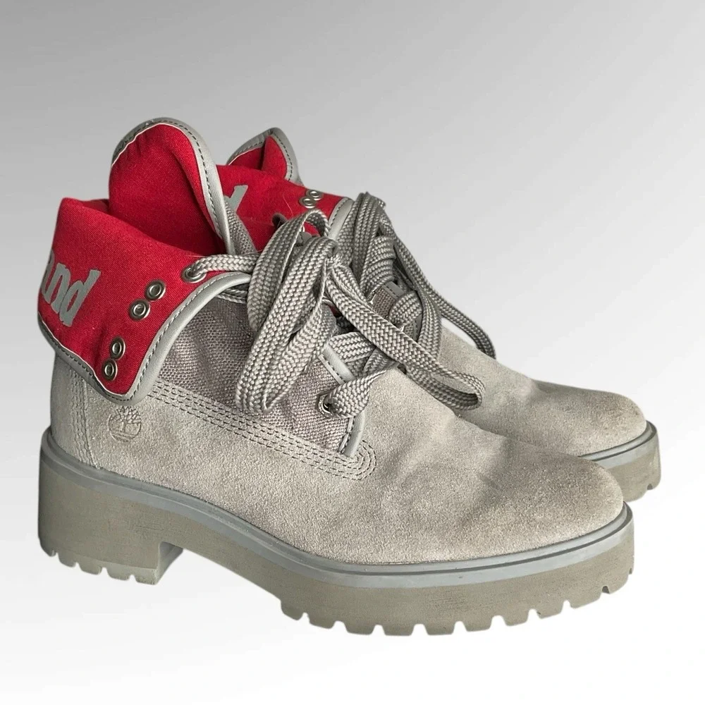 Timberland Carnaby Fold-Down Grey Red Boots Womens Size‎ 6 Waterproof Minimalist